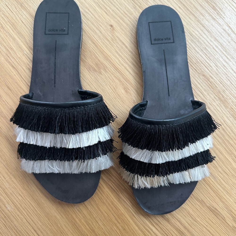 Dolce Vita Black and White Fringe Slide Sandals